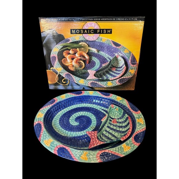 Clay Arts 1995 Mosaic Fish Chip and Dip Set Hand Painted  Bright Colors NOS - Picture 1 of 6